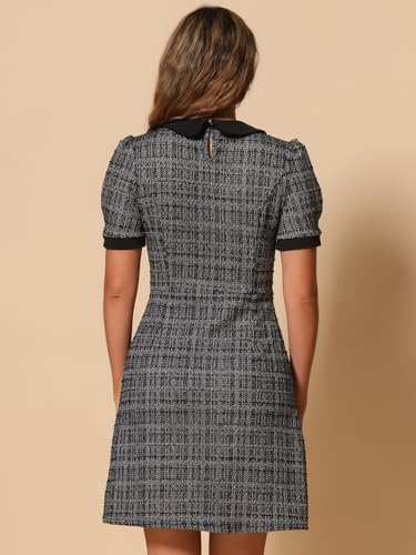 Image of Allegra K Peter Pan Collar Dresses for Women's Plaid Puff Short Sleeve Mini Tweed Dress