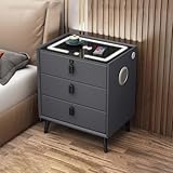 TBQATNTS Smart Bedside Table with Wireless USB Charging and Fingerprint Lock,Three-Drawer Bedroom Side Table with Speakers and Smart Sensor LED Lights,Modern Nightstand.,Gray,3 Drawers