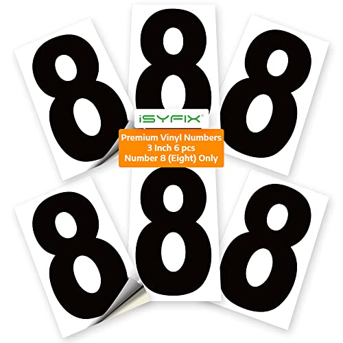 iSYFIX Black Vinyl Number 8 (Eight) Stickers - 6 Pack 3 inch - Premium Decal, White Background, Pre-Spaced for Mailbox, Signs, Window, Door, Cars, Trucks, Home, Business, Address, Indoor & Outdoor