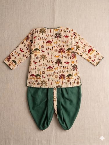 Image of A.T.U.N. (ALL THINGS UBER NICE) Baby Boys Warli Print Dhoti Kurta Set | 100% Cotton Ethnic Wear Set with Soft Comfortable Fit | Traditional Festive Outfit for Infants