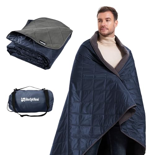 sheelokhwui 4-in-1 Large Outdoor Blanket - Waterproof & Windproof Thickened Warm Fleece Camping Blanket for Stadium, Hiking, Sporting Events - 81"x57", Packable (Royal Blue)