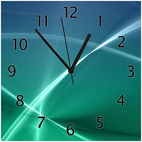 Wallario Design-Wanduhr Abstrakte Formen und Linien in blau grün türkis aus Glas, Motiv-Uhr Größe 30 x 30 cm, Schwarze Zeiger Wallario Design-Wanduhr Abstrakte Formen und Linien in blau grün türkis aus Glas, Motiv-Uhr Größe 30 x 30 cm, Schwarze Zeiger