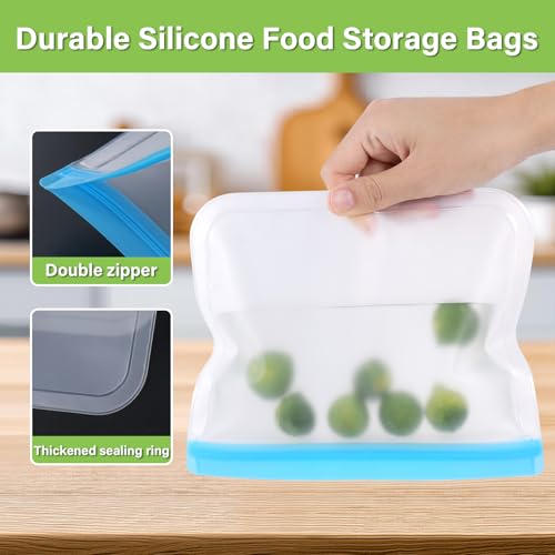 Image of 12Pack Reusable Freezer Bags Gallon Size, Silicone Lock Bags for Food Storage - Microwave & Dishwasher Safe, Leakproof Reusable Plastic Bags Ideal for Meal Prep, Leftovers, Snacks