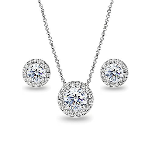 Sterling Silver AAA Cubic Zirconia Round Halo Stud Earrings & Necklace Jewelry Set for Women
