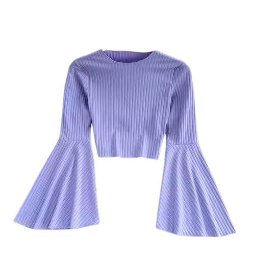 Women Ribbed Crop Top with Bell Sleeves | Stylish Slim Fit Long Sleeve Top for Girls | Color Purple Size L-image-9