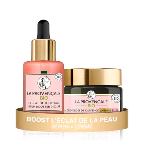 La Provençale Bio - Routine Rose Peau Éclatante - Sérum L'Éclat de Jouvence + Crème Rose de Jouvence - Soin Visage Certifié Bio - Unifie, Repulpe & Réactive l'Éclat - Tous Types de Peaux
