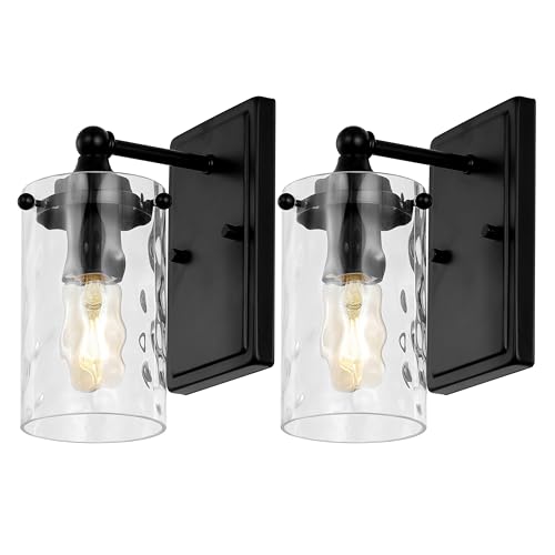 Image of SAFAVIEH Lighting Collection Jobie Black /Glass Shade Wall Sconce Set of 2 Light Fixture, Ideal for Bathroom, Entryway, Vanity, Foyer, Hallway, Living Room (LED Bulbs Included)
