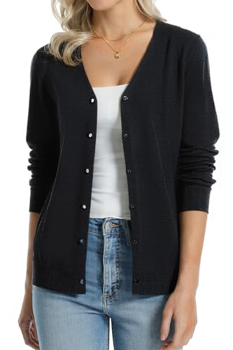 Image of QUALFORT Women's 100% Cotton Lightweight Cardigans Long Sleeve Knitted Button Down Sweater