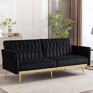 Convertible Futon Sofa Bed with Golden Legs, 70" Tufted Velvet Couch with Adjustable Armrests& Backrest, Sleeper Sofa for Living Room Bedroom (Black) Convertible Futon Sofa Bed with Golden Legs 70 Tufted Velvet Couch with Adjustable Armrests Backrest Sleeper Sofa for Living Room Bedroom Black