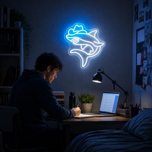 Image of Neon Sign, Shark Neon Signs for Wall Decor LED Signs Neon Light | Cowboy Shark Neon Sign for Bedroom, Kids Room, Gaming Room, Man Cave, Party, Bar Decor, Boys Gift, Dimmable, USB Powered