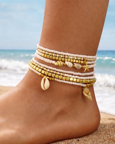 Image of iF YOU Gold Ankle Bracelets for Women, 14k Gold Plated Waterproof Cuban Link Chain Anklets Set, Layered Anklet Bracelets for Women Beach Gift Adjustable Size 5pcs