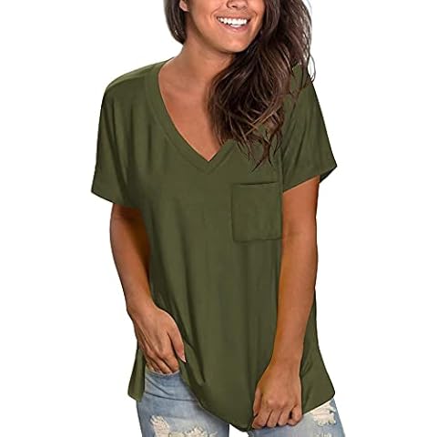 WXDSNH Women's T-Shirt Solid Color V-Neck Short Sleeve Pockets Loose Slit Hem Tee Summer Tops Female ArmyGreen Cover