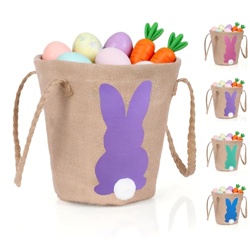 Easter Bunny Basket for Kids, Linen Egg Hunt Bag Soft Fabric, Cute Rabbit Tote Bags Easter Tote Bags for Candy Gifts Storage (Purple)