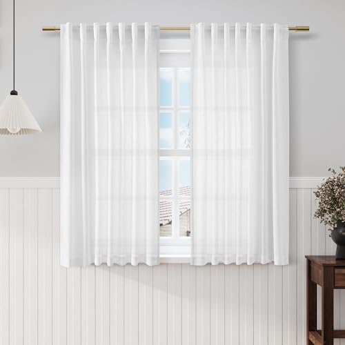Image of Off White Linen Sheer Curtains 54 Inch Length 2 Panel Set Back Tab Pocket Semi Sheer Light Filtering Short Curtain Soft Elegant Aesthetic Small Window Drapes for Bathroom 52x54 inches Long