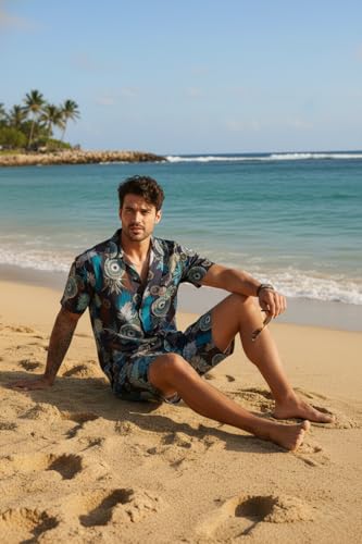 Image of Zilcon Men's Matching Set Summer Beach 2 Piece Outfits Floral and Palms Button Down Shirts and Shorts Goa Vacation Outfits