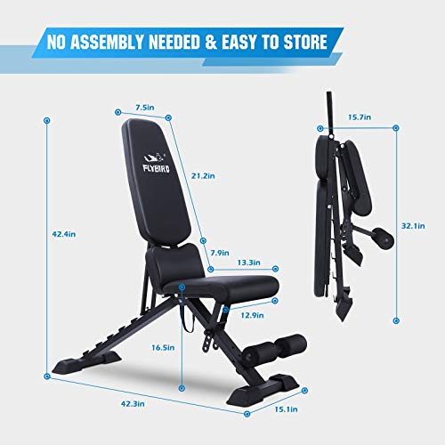 FLYBIRD Adjustable Weight Bench, Foldale Workout Bench Incline Bench for Home Gym Strength Training - Waist Pad New Version