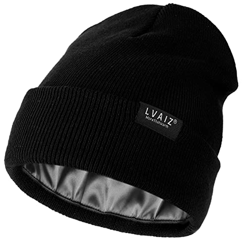 Satin Lined Winter Beanie Hats for Women Knitted Watch Hat with Silk Lining Unisex Solid Skull Cap Black