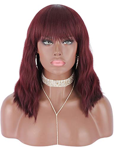 Kalyss Short Synthetic 99J Burgundy Wig with Hair Bangs Short Wavy Curly Wig for Women -Natural Looking and Heat Resistant Full Head Hair Replacement Wig for Daily Wear or Costume Wig