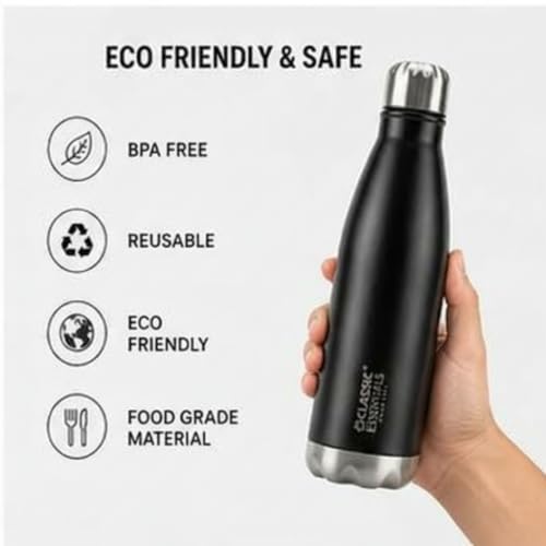 Image of Classic Essentials Insulated Double Wall Stainless Steel Water Bottle 500 ML | 12 Hours Hot & 24 Hours Cold | Vacuum Insulated, Leakproof Bottle for Home, Office, Gym & Travel (Black)