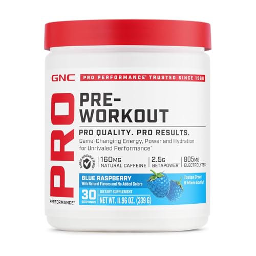 Image of GNC Pro Performance Pre Workout Powder for Men and Women, Energy, Hydration, and Focus, Sugar Free, Gluten Free, Performance Supplement, Blue Raspberry, 30 Servings