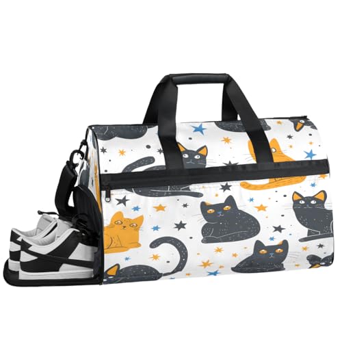 Gym Bag for Men & Women with Shoe & Wet Compartment - Duffel Bags for Travel, Sports, Fitness,Workout Cats Black and Yellow Sports Bag