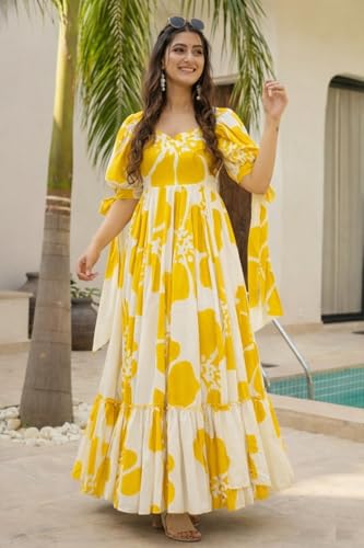 Image of Women Floral Printed Tiered Maxi Dress with Puff Sleeves, Empire Waist, Tie-Up Detail, Flared Long Dress for Casual Wear, Summer Outings, Vacation & Resort Wear - Causal Gown for Women