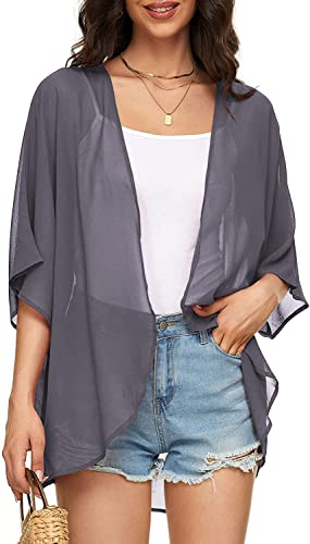 Image of Indian Trendy Women's Solid Puff Sleeve Kimono Cardigan Loose Cover Up Casual Blouse Top Chiffon
