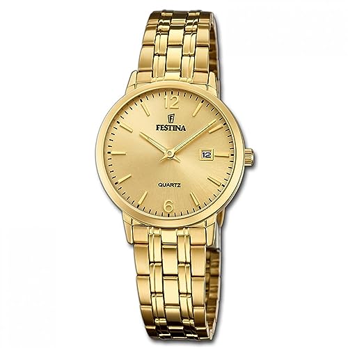 Festina Montre Femme Analogique Acier Inoxydable 316L Doré - Quartz - Verre minéral Haute résistance - Étanche 5 ATM - Calendrier F20514/3