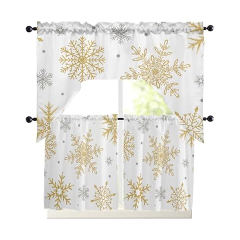 3 Pieces Swag Kitchen Curtains & Valances Set, Christmas Snowflake Gold Grey Short Curtain Rod Pocket Window Curtain, Winter Holiday Window Treatment Tiers Decor (1 Valance 56"x36",2 Tiers 27.5"x24") Cover