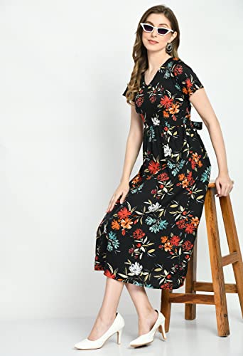 Image of KLART Women Stylish Casual Maxi | A-Line Dress with V-Neck & Short Sleeves | Floral Print Fit & Flare Summer Wear