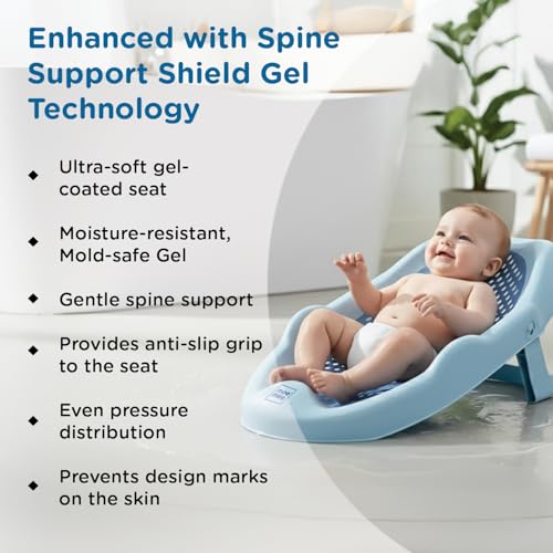 Image of Mee Mee Mini Spa Baby Bath Chair with Spine Support Shield & Adjustable Recline | Anti-Skid Base, Quick-Drain Mesh, BPA-Free Ergonomic Bath Seat for Newborns & Infants, Portable Design (Blue)