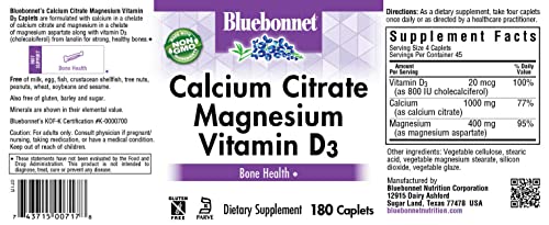 Bluebonnet Nutrition Calcium Citrate Magnesium Plus Vitamin D3 Caplets, Bone Health & Muscle Relaxation, Non Gmo, Gluten, Soy & Milk Free, Kosher, White, Unflavored, 180 Count #TOP1