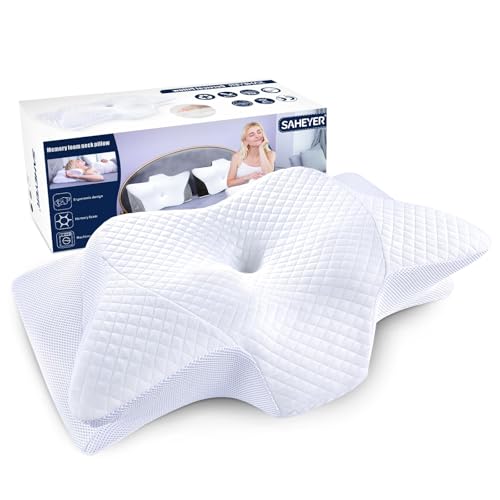 SAHEYER Almohada Cervical Ergonómica, Almohada Ortopédica para Dormir de Lado Almohada de Espuma con Memoria para Apoyar el Cuello Almohada para Dormir, 60x35,5x13/10CM, Blanco