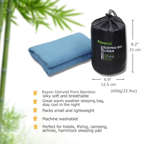 BROWINT Travel Sheets for Hotel, Rayon Derived from Bamboo, Sleep Sack for Adults, Warm Weather/Summer Sleeping Bag Liner for Camping and Travel, Rectangular with Pillow Pocket, Mummy, Cooling Sheets