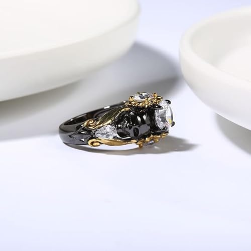 Jewels Store 2.2 Ct Round Cut White Diamond Skull Flower Design Engagement Ring In 925 Sterling Silver Two Tone Gold Finish (Two Tone Gold Finish, 6.5) #TOP5