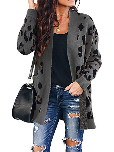 ZESICA Women's Long Sleeves Open Front Leopard Print Button Down Knitted Sweater Cardigan