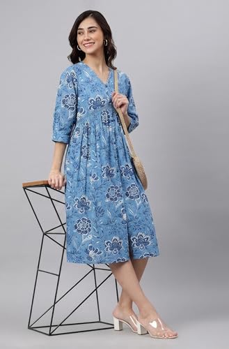 Image of Janasya Women's Cotton Solid Flared Dress