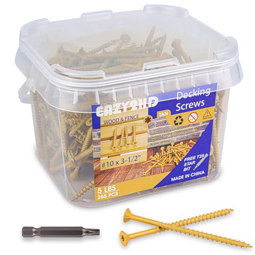 Image of Eazy2hD Deck Screws # 10 x 3-1 /2 Inch, 285 Pcs, Steel Exterior Wood Screw | Epoxy Coated Rust Resistant, Construction Screw for Fence Framing Drywall, Tan, 5 Lb, Torx /Star Drive Head, T25 Bit Included