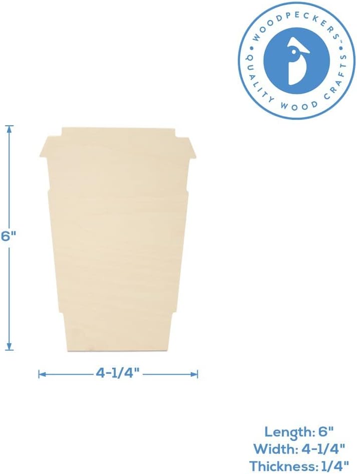Latte Cup Cutouts 6-inch, Pack of 3 Unfinished Wood Crafts Blank, Small Wooden Shapes for Crafts & Party Decor, by Woodpeckers