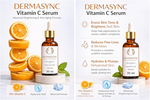 Image of DERMASYNC 15% Vitamin C Face Serum with Hyaluronic Acid - Brightening, Hydrating & Anti-Aging Serum for Glowing Skin, Glow Boosting, Anti-Aging, Dark Spot Corrector for Radiant Skin (30ml)