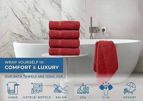 Image of DAN RIVER Bath Towels Set of 4, 27 x 54 Inches, 100% Cotton, Larger & Lighter Weight, Quicker to Dry, Super Soft and Absorbent, Ideal Absorbent Bath Towels for Daily Use, Red
