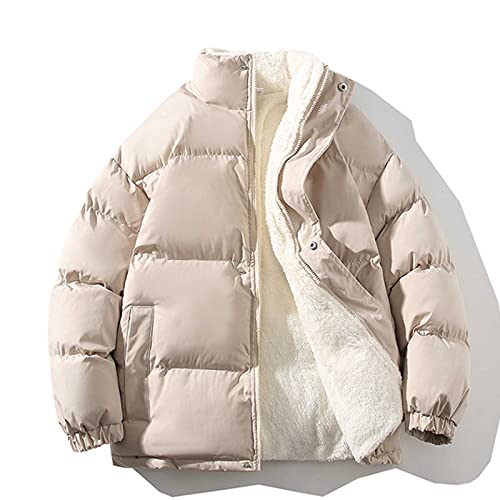 Badhub Men's Puffer Jacket Long Sleeve Waterproof Winter Parka Jacket Fleece Lined Warm Thicken Stand Collar Ski Coat Beige #TOP1