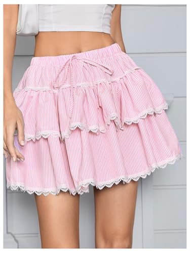 Verdusa Women's Y2K Coquette Striped Lace Trim Ruffle Skirt Bow Tie A Line Layered Mini Skirt4