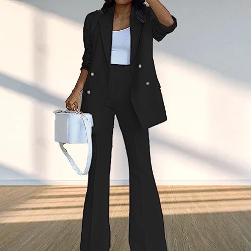 Blazer feminino de 2 peças com gola de lapela e calça de trabalho de perna larga casual cor lisa con