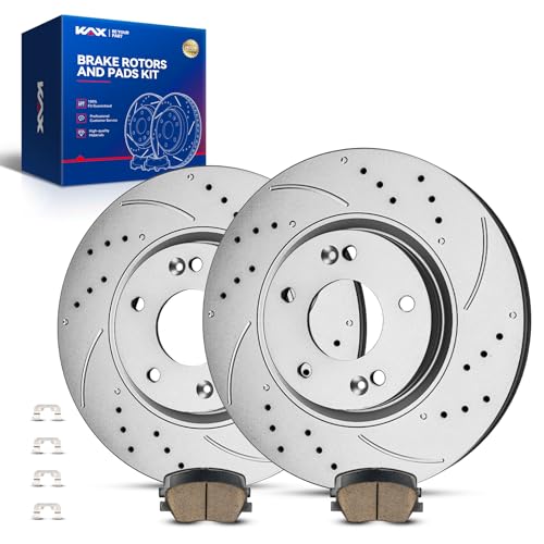 Image of KAX Front Brake Kit Fits Kia Sorento 2011-2013, Hyundai Santa Fe 2010-2012 | 11.82in Drilled and Slotted Brake Rotors, Ceramic Brake Pads, Automotive Replacement Brake Kit