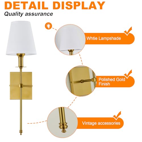 Image of PASSICA DECOR Wall Sconces Set of 2, Hardwired Gold Sconces Wall Lighting, Vintage Wall Lamps with Fabric Shade for Bathroom, Bedroom, Hallway, Living Room