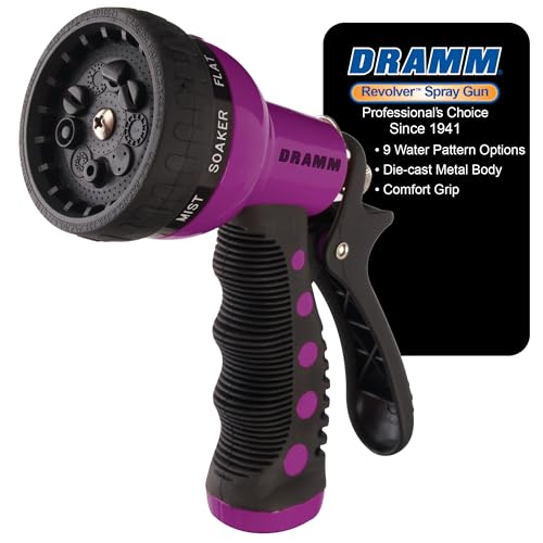 Image of Dramm Revolver Heavy Duty Metal Garden Hose Nozzle - 9 Spray Patterns, High Pressure Jet, Thumb-Control Flow, Ergonomic Grip - Berry