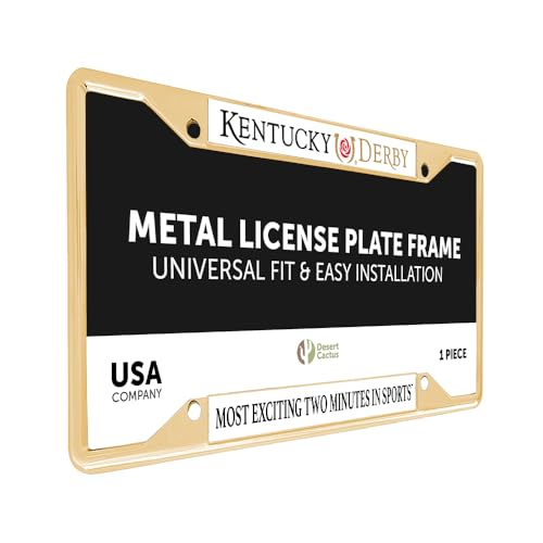 Desert Cactus Kentucky Derby License Plate Frame (Design A, Gold Frame)