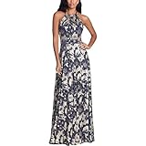Betsy & Adam Long Foil Print Halter Gown with Wrap Skirt Navy/Gold 6