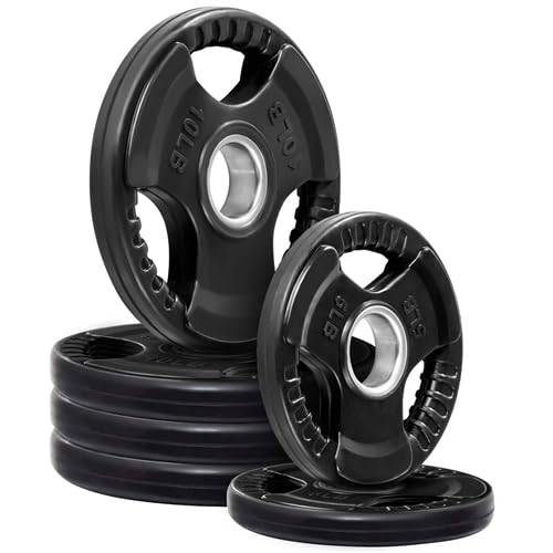 French Fitness Rubber Grip Olympic Weight Plate Set – 50 lbs, Commercial Grade, Slotted Grip Handles, Rubber Coated, Solid Steel Hub, Durable for Barbell & Machine Training